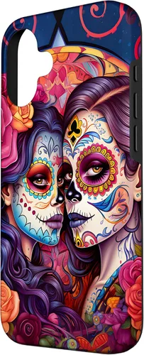 Vista 2 de Funda floral para iPhone 16 Sugar Skulls La Catrina Día de los Muertos Dos Mujeres