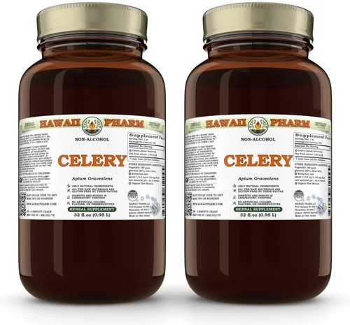 Vista 3 de Extracto líquido sin alcohol de apio, apio orgánico (Apium graveolens) Fruta seca Glicerita Hawaii Pharm Suplemento herbario natural 2 x 32 oz sin
