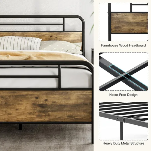 Vista 6 de IKIFLY Base de cama California King con cabecero de madera, cama de plataforma de metal California King, listones de acero resistente