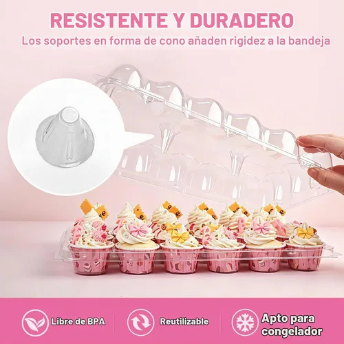 Vista 3 de LotFancy (24 unidades x 12 juegos) Mini recipientes para cupcakes con 288 forros, soporte de cajas de plástico para cupcakes, sin BPA, transparente