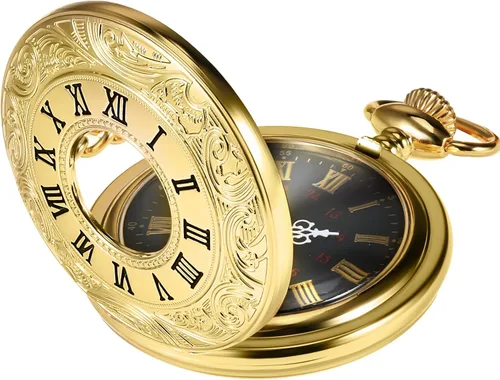 Vista 10 de Reloj de bolsillo vintage de acero para hombre con cadena, Negro