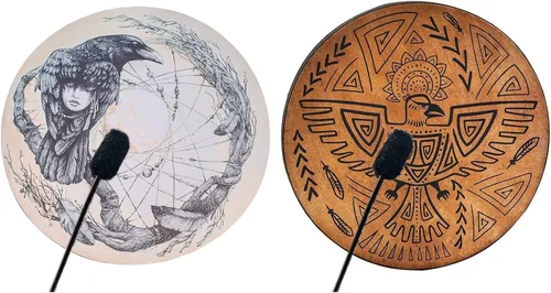 Vista 6 de Firlar Tambor Chamán, 10 Pulgadas Patrón de Pájaro Hecho a Mano Con Baqueta, Instrumento Espiritual, Aspecto Exquisito, Símbolo de Música del Marrón