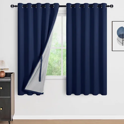 Vista 66 de DWCN - Cortinas 100% opacas para dormitorio con forro negro, cortinas de ventana de doble capa con aislamiento térmico que oscurecen toda la Azul
