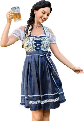 Vista 18 de GloryStar Vestido de cerveza de tirolesa alemana para mujer, disfraz de 3 piezas para el festival de carnaval bávaro del Oktoberfest 2 piezas - azul