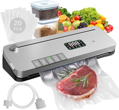 Vista 10 de Máquina selladora al vacío de alimentos, succión fuerte de 75 KPa, temporizador digital, cortador integrado, función de pulso, modos seco y húmedo