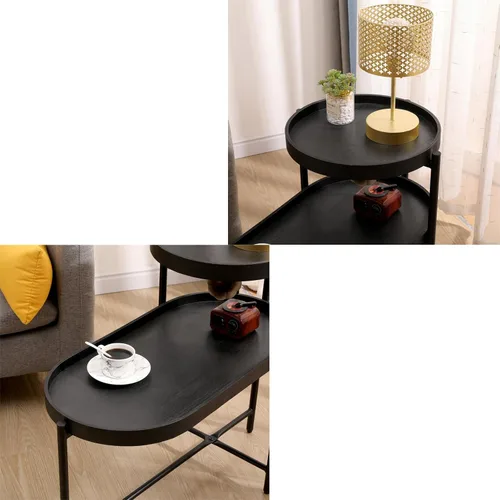 Vista 4 de Mesa auxiliar redonda de 2 niveles con extremo de café irregular, mesa pequeña con marco de metal para sala de estar, dormitorio (negro)