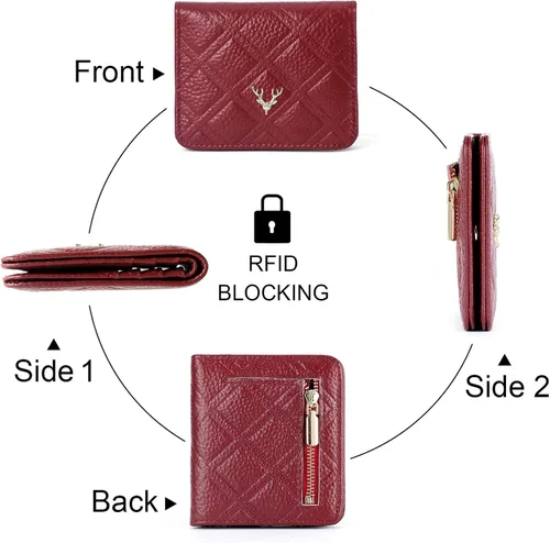 Vista 5 de Billetera para mujer, con bloqueo RFID, pequeña, compacta, plegable, de piel auténtica, con bolsillo, mini carteras para mujeres