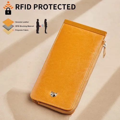 Vista 6 de FOXLOVER Cartera de cuero con bolsillo con cremallera para mujer con bloqueo RFID, Amarillo, Classic