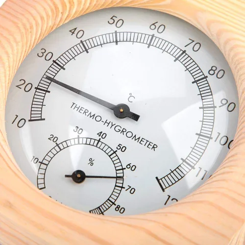 Vista 6 de Fdit Termómetro higrotermógrafo de madera para sauna higrómetro Sala de sauna Spruce Dial de madera humedad Medidor de temperatura Monitor