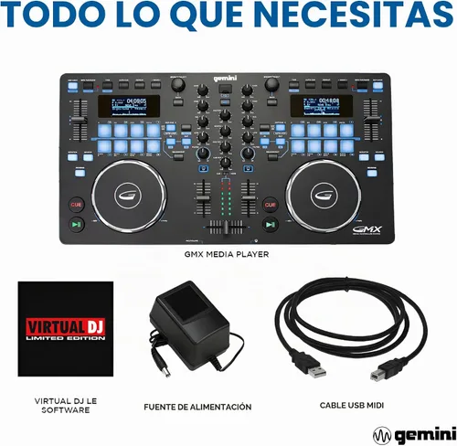 Vista 6 de Gemini Sound GMX - Controlador DJ Versátil y Reproductor Multimedia - Sistema Compacto USB/MIDI con VirtualDJ LE, Ideal para DJs Móviles