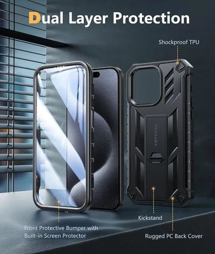 Vista 7 de FNTCASE Funda para iPhone 15-Pro-Max: Cubierta protectora resistente de grado militar a prueba de caídas para teléfono celular con soporte y Negro