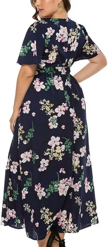 Vista 4 de Vestidos de talla grande para mujer, 2023 para primavera y verano, vestido de playa floral, elegante, romántico, con dobladillo fruncido, vestido