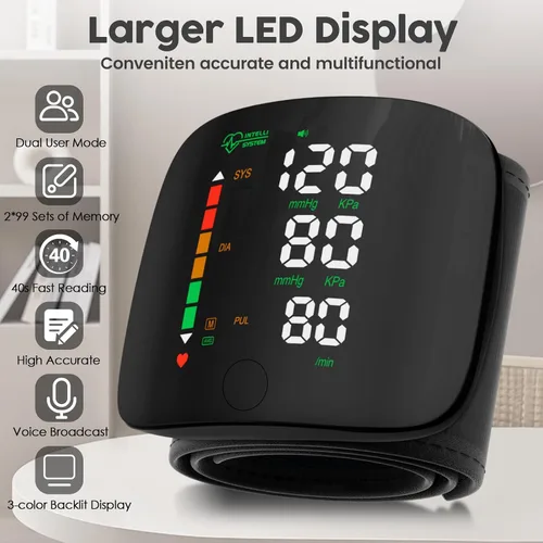 Vista 3 de Double love Monitor de Presión Arterial de Muñeca con Pantalla LED, Pantalla Táctil, Brazalete de Presión Arterial de Muñeca 99x2 Memoria de Lectura