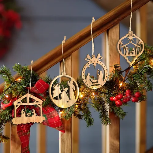 Vista 5 de Juego de 24 adornos de madera para árbol de Navidad, decoración religiosa del nacimiento de Jesús, decoración colgante para familia cristiana (forma)