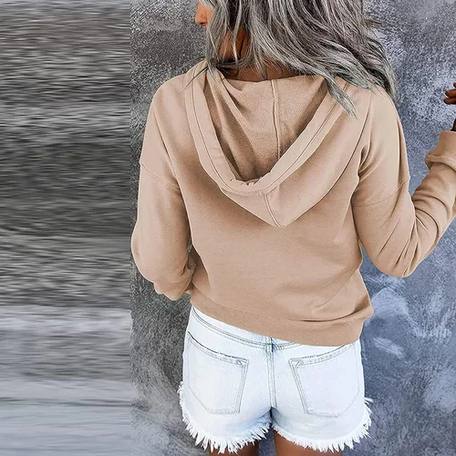 Vista 13 de Sudaderas con capucha para mujer, con cuello de botón, sin botones, con cordón, manga larga, lindas, ropa para adolescentes y niñas