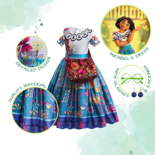 Vista 4 de Disfraz de Encanto Mirabel para niños, disfraz de Halloween y princesa, con lentes y aretes