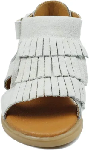 Vista 3 de Muy Guay Sandalias de cuero genuino para niñas pequeñas, sandalias de borlas blancas para verano, zapatos planos para caminar con suela de goma