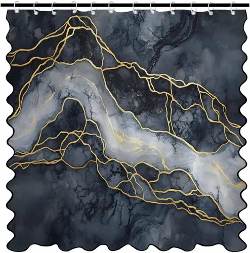 Vista 13 de Scalloped Shower Curtain for Bathroom 36"x72" Modern Minimalism Black Marble White Texture Waterproof Wave Bathroom Shower Curtain Sets with Hooks