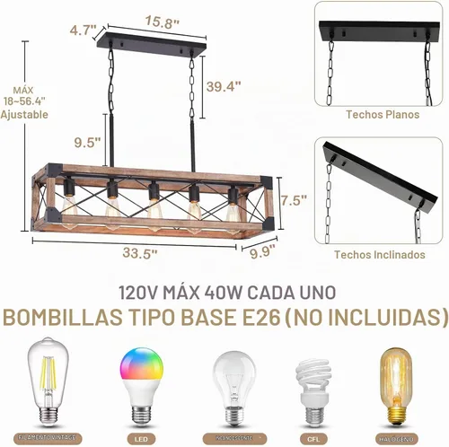 Vista 5 de Iluminación de Isla de Cocina Estilo Granja, Lámpara de Comedor de 5 Luces, Candelabro Lineal Estilo Granja con Madera Maciza para Comedor Cocina