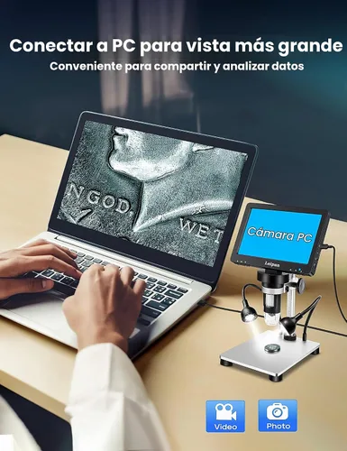 Vista 3 de Microscopio digital LCD de 7 pulgadas 1200X, microscopio Leipan de moneda de 12 MP con pantalla para adultos, microscopio de video 1080P con tarjeta