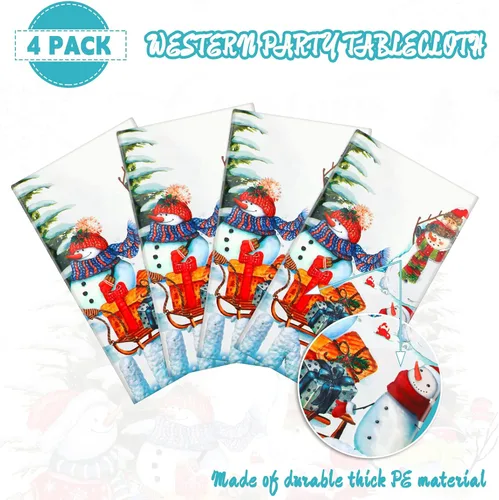 Vista 5 de BBTO 4 manteles rectangulares de Navidad impermeables con diseño de muñeco de nieve de invierno, copos de nieve, mantel impermeable de tela