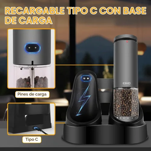 Vista 9 de Juego de Molinillo Eléctrico de Sal y Pimienta Recargable, Grosor Ajustable Externo, Molinos Automáticos de Saleros y Pimenteros, Accesorios