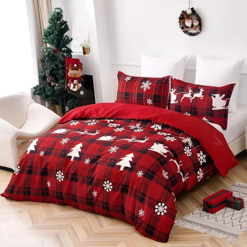 Vista 2 de Luxudecor Juego de funda de edredón de Navidad tamaño individual, 2 piezas de funda de edredón a cuadros de búfalo rojo, patrón de Santa Claus, reno