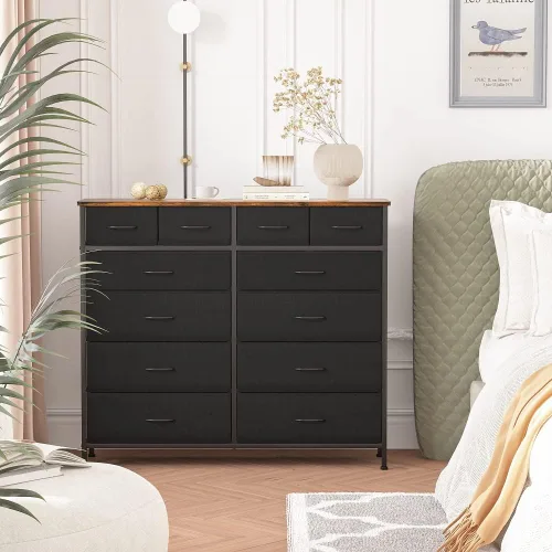 Vista 2 de VASICAR Cómoda grande para dormitorio con 12 cajones profundos, cómoda de tela alta, cómoda para armario, guardería, sala de estar, lavandería Negro