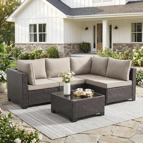 Vista 27 de ANJ Juego de muebles de mimbre para patio de 3 piezas, sofá modular de dos plazas con mesa de centro de cristal, juego de sofá de conversación
