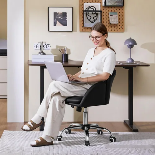 Vista 5 de Yaheetech Linda silla de escritorio de pétalos para el hogar, silla giratoria de cuero para escritorio, silla de tocador de maquillaje