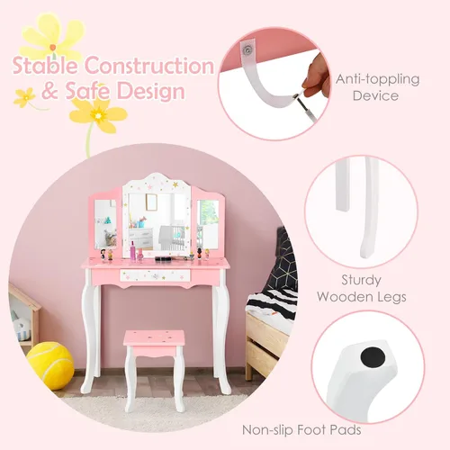 Vista 7 de HONEY JOY Juego de tocador para niños, mesa de maquillaje de madera estilo princesa con taburete y cajón, espejo de triple plegado, parte superior