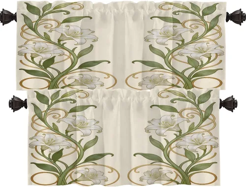 Vista 97 de Shrahala Art Nouveau Floral Pattern Blackout Curtain Tiers, Delicate Vine and Flower Design Kitchen Valance Light Blocking Tier Drapes with Rod