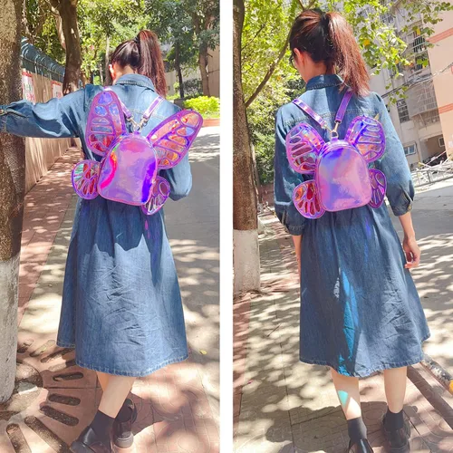 Vista 9 de Mochila holográfica láser para mujer, diseño de alas de ángel de mariposa, casual, mochila de hombro para niñas jóvenes, Morado, S, Mochilas Daypack