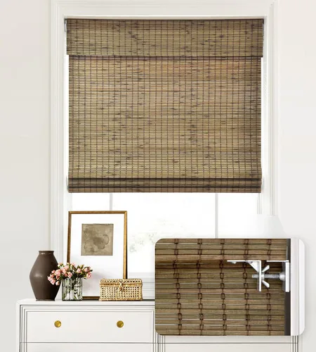 Vista 39 de LazBlinds - Cortinas romanas de bambú personalizadas sin cordón, tratamiento de ventana con filtro de luz, persianas enrollables de bambú retro