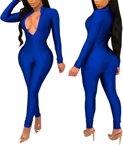 Vista 2 de ECHOINE - Atuendo de una pieza para mujer con manga larga, cremallera, sexy, cuello profundo en v, pantalón largo, para fiestas y clubes, overol