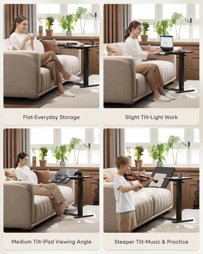 Vista 3 de FLEXISPOT Mesa auxiliar en forma de C de altura ajustable con parte superior inclinable de un solo lado, mesa auxiliar móvil para sofá y mesita