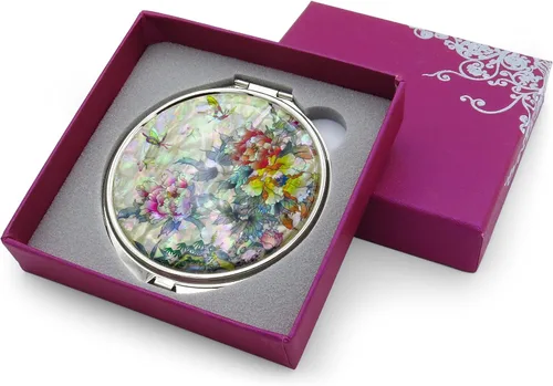 Vista 5 de MADDesign - Espejo de maquillaje compacto de madDesign con diseño de nácar y aumentar las flores de mariposa, rosa y amarillo Espejo redondo