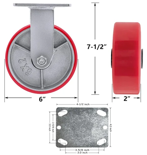 Vista 2 de SY America Rueda de placa de 6 pulgadas, molde de poliuretano resistente en placa superior de acero ancho extra 2 pulgadas, capacidad total de 1200