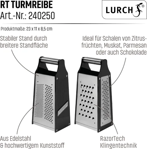 Vista 6 de Lurch Alemania Razortech - Rallador de cuatro lados, acero inoxidable, perfecto para queso parmesano, verduras, jengibre, plata/negro