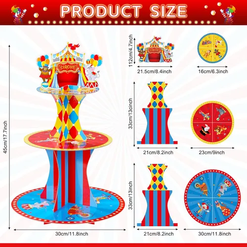 Vista 2 de Zopeal Soporte de 3 niveles para cupcakes con temática de circo para decoraciones de fiesta de cumpleaños, carnaval, mesa de postre, soporte