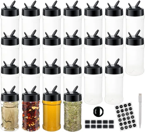Vista 10 de Paquete de 12 tarros de especias de plástico transparente de 4 onzas con tapas de plástico negro, botellas cuadradas de especias, recipientes