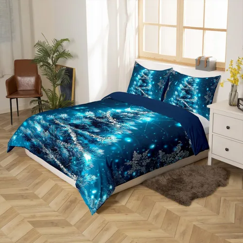 Vista 5 de Juego de ropa de cama de Feliz Navidad, funda de edredón azul con árbol de Navidad para niñas y niños, elegante funda de edredón de copo de nieve