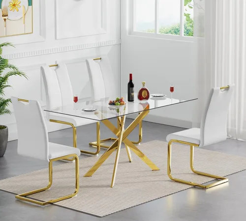 Vista 18 de Henf Juego de mesa de comedor de 5 piezas para 4, mesa de comedor rectangular de 51 pulgadas y 4 sillas de comedor de poliuretano gris carbón, mesa