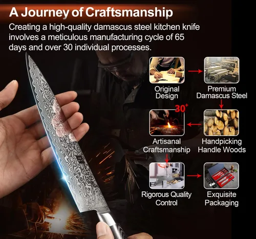 Vista 5 de XINZUO Cuchillo de cocina de 5 piezas, juego de cuchillos de chef profesional de acero de Damasco súper afilado con mango de madera de Pakkawood