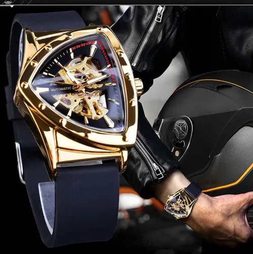 Vista 7 de FORSINING Reloj mecánico automático triangular Gold Shield, esfera de gran tamaño, diseño de esfera totalmente hueca, movimiento automático, correa