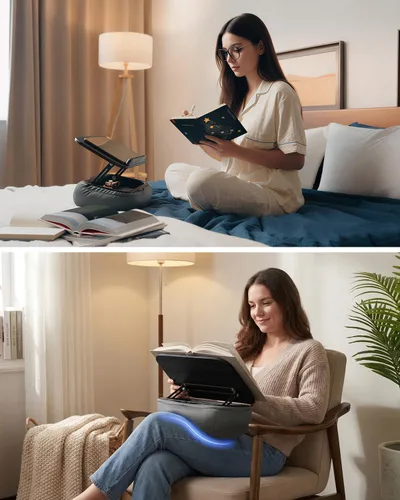Vista 2 de Viozon Soporte de almohada para libro de regazo con almacenamiento, almohada de lectura ajustable con panel de madera oscura, soporte de libro