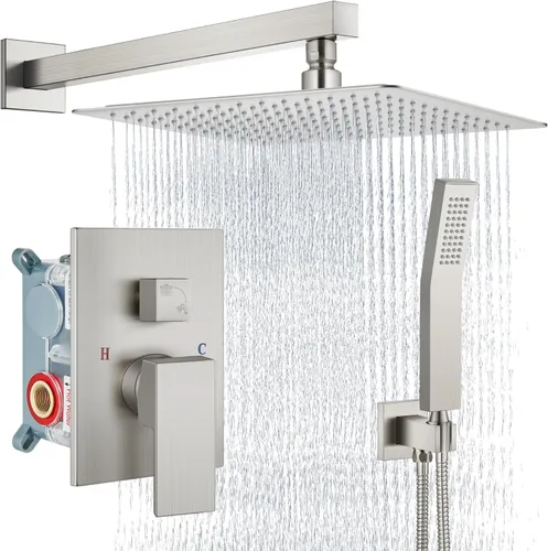 Vista 28 de Aolemi Sistema de ducha tipo lluvia de 12 pulgadas, cabezal de ducha cepillado Nikcel Combo Set con ducha de mano válvula de montaje en pared grifo