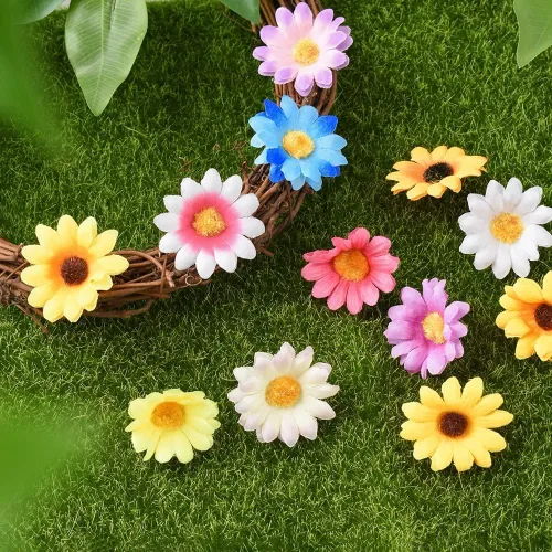Vista 6 de Cabezas artificiales de margarita, 100 cabezas de flores artificiales de seda falsas, cabezas de flores artificiales a granel para Pascua