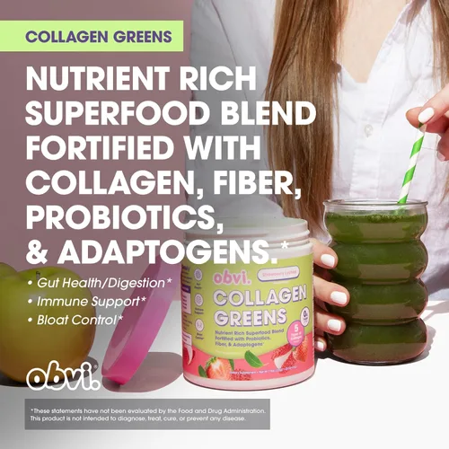 Vista 4 de Obvi Colágeno Greens Superalimento en polvo orgánico con colágeno, probióticos para la salud intestinal, piel, cabello, uñas Sin gluten, cero