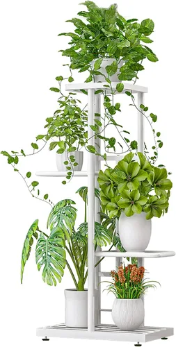 Vista 15 de LINZINAR Soporte de metal para plantas de 4 niveles y 5 macetas, estante múltiple para macetas para interiores y exteriores, unidad de estantería
